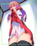  animal_ears black_legwear blush covering_mouth dress dress_lift dress_shirt haruichi head_wings mystia_lorelei no_hat no_headwear panties pink_dress pink_eyes pink_hair pink_panties shirt short_hair solo striped striped_panties tears thighhighs touhou underwear wings 