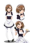  alternate_costume brown_eyes brown_hair cake food hair_ornament hairpin iyakun juice maid maid_headdress misaka_mikoto pantyhose smile solo strawberry_shortcake to_aru_kagaku_no_railgun to_aru_majutsu_no_index tray white_legwear 