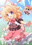  blonde_hair blue_eyes doll dress dress_shirt field flower flower_field hair_ribbon lily_of_the_valley medicine_melancholy nullpooo outstretched_arms red_dress ribbon shirt smile solo su-san touhou wings wrist_cuffs 