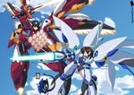  black_hair brown_eyes brown_hair cannon clouds infinite_stratos mecha neeja oc open_mouth original_character red_eyes sky sword tagme 