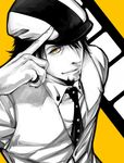  cabbie_hat facial_hair haruhikohiko hat kaburagi_t_kotetsu male_focus monochrome necktie pointing solo stubble tiger_&amp;_bunny vest 