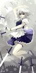  as109 between_fingers braid breasts commentary_request gears highres izayoi_sakuya knife legs long_legs maid maid_headdress red_eyes short_hair silver_hair small_breasts solo thigh_strap too_many too_many_knives touhou 