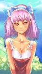  bow_(bhp) breasts cleavage collarbone face hairband highres light_smile lips looking_at_viewer medium_breasts mole mole_under_eye original pink_hair red_eyes short_hair sketch smile solo tsurime upper_body 