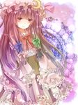  bad_id bad_pixiv_id blush book book_hug bow crescent frills gathers hair_bow hat holding holding_book jaku_sono light_particles long_hair patchouli_knowledge pink_hair purple_eyes purple_hair sidelocks smile solo touhou 