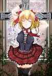  ahoge bad_id bad_pixiv_id blonde_hair bow closed_eyes corset cross frills hair_bow highres kasumi_seiki original plaid plaid_skirt skirt solo thighhighs zettai_ryouiki 