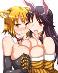  2girls animal_ears bare_shoulders blonde_hair blush breasts brown_eyes bunny_ears cleavage elbow_gloves female gloves hand_holding ishioto large_breasts long_hair multiple_girls open_mouth purple_hair red_eyes short_hair simple_background smile wink yuri 