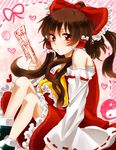  bad_id bad_pixiv_id bow brown_hair detached_sleeves hair_bow hakurei_reimu legs long_hair onyuuuu red_eyes simple_background solo touhou 