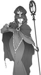  caster cloak dress fate/stay_night fate_(series) gloves greyscale highres hood long_dress monochrome solo staff yamaguchi_homupe 