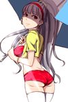  ass bracelet breasts clearite earrings flat_ass hairband idolmaster idolmaster_(classic) jewelry long_hair medium_breasts ponytail red_eyes shijou_takane short_shorts shorts silver_hair solo thighhighs umbrella 