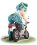  alternate_costume ao_usagi ass bare_shoulders bent_over blue_eyes blue_hair boots breasts contemporary gloves ground_vehicle hair_bobbles hair_ornament kawashiro_nitori key looking_back md5_mismatch medium_breasts motor_vehicle motorcycle no_bra on_motorcycle overalls pun screwdriver short_hair sideboob smile solo tank_top touhou two_side_up wrench 