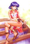  bare_shoulders bob_cut bracelet dark_skin earrings fushigi_no_umi_no_nadia green_eyes hair_ornament hairclip hoop_earrings jewelry loincloth nadia neck_ring purple_hair short_hair tubetop vest 