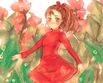  arrietty blush brown_eyes brown_hair closed_mouth cowboy_shot dress flower hair_ribbon karigurashi_no_arrietty long_sleeves looking_at_viewer mikamisa ponytail red_dress red_ribbon ribbon short_hair simple_background smile solo white_background 