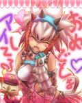  armor barioth_(armor) belt blush blush_stickers cat closed_eyes fang felyne hairband monster_hunter monster_hunter_3 monster_hunter_portable_3rd navel open_mouth short_hair silver_hair tsukigami_chronica 