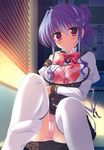  1girl absurdres blinds blush bow bow_bra bra breasts cameltoe cleavage highres kitamikado_ayaka lace lace-trimmed_bra lingerie moonstone open_clothes open_shirt panties pantyshot princess_evangile purple_hair saeki_nao school_uniform shirt smile solo thighhighs underwear upskirt 