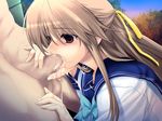  blush brown_hair censored cum_in_mouth cumdrip empty_eyes fellatio game_cg iizuki_tasuku kusumiya_sayaka long_hair oral penis school_uniform semen serafuku temptation temptation_2 testicles 