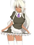  apron blush dark_elf dark_skin elf kurobuta_(iina) long_hair maid maid_headdress pointy_ears sansei_muramasa shiny shiny_skin solo soukou_akki_muramasa sweat thighhighs white_hair white_legwear yellow_eyes 