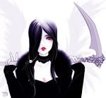  black_hair breasts choker cleavage collarbone eyeshadow hair_ornament hair_over_one_eye lips lipstick long_hair makeup medium_breasts nermallion original pale_skin red_eyes scythe sleeves_past_wrists solo upper_body wings 