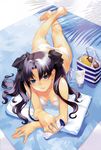  absurdres bag barefoot bikini black_hair breasts day fate/stay_night fate_(series) foreshortening hair_ribbon hands highres looking_at_viewer looking_up lying medium_breasts okazaki_takeshi on_stomach outdoors pillow ribbon side-tie_bikini solo striped sunglasses swimsuit toosaka_rin two_side_up untied white_bikini 