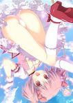 :d asaba_yuu bad_id bad_pixiv_id blush bobby_socks bow_(weapon) cloud day flower gloves kaname_madoka magical_girl mahou_shoujo_madoka_magica open_mouth outdoors panties pink_eyes pink_flower pink_hair pink_rose rose shoes short_hair smile socks solo twintails underwear upside-down water weapon white_gloves 