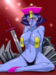  bikini bikini_top blue_skin blush breasts capcom claws cleavage darkstalkers erect_nipples hat kuro_fn large_breasts lei_lei mizugi navel nude oppai pantsu pasties purple_hair red_eyes short_hair sitting solo sword tongue topless underwear vampire_(game) weapon 