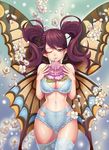  bra breasts butterfly_wings curvy drinking_straw flower gonster highres large_breasts lingerie long_hair multicolored multicolored_wings narrow_waist one_eye_closed original panties purple_eyes red_hair skindentation smile solo thigh_gap thighhighs twintails underwear underwear_only wings 