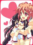  akemi_homura black_hair blush braid closed_eyes glasses heart hug hug_from_behind kaname_madoka long_hair mahou_shoujo_madoka_magica multiple_girls pink_eyes pink_hair purple_eyes red-framed_eyewear short_hair smile tama_two_(fukuya) twin_braids twintails yuri 