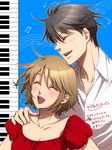  1girl :d brown_hair chiaki_shin'ichi closed_eyes collarbone couple hand_on_shoulder hetero kayu musical_note noda_megumi nodame_cantabile open_mouth piano_keys short_hair smile 