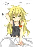  blonde braids loli translated waki waking_up wink yellow_eyes 