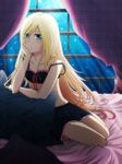  bed bed_sheet blonde_hair blue_eyes blush bow bra chin_rest curtains eyeshadow lily_(vocaloid) lingerie long_hair makeup nicarali night night_sky off_shoulder pillow ribbon skirt sky solo star_(sky) strap_slip underwear vocaloid window 