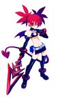  absurdres bat_wings bracelet demon_girl demon_tail disgaea earrings elbow_gloves etna gloves harada_takehito highres jewelry makai_senki_disgaea_2 official_art pointy_ears polearm prinny red_eyes red_hair skirt smile solo tail thighhighs twintails weapon wings 