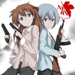  ak-47 assault_rifle ayanami_rei back-to-back blue_eyes blue_hair brown_hair casual dual_wielding gun handgun highres holding holding_gun holding_weapon long_hair multiple_girls neon_genesis_evangelion nerv red_eyes rifle shikinami_asuka_langley short_hair souryuu_asuka_langley trigger_discipline weapon xenon_(kona-card) 