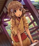  all_fours apron brown_eyes brown_hair cleaning dutch_angle flower goe hair_flower hair_ornament hanasaku_iroha japanese_clothes kimono kissuisou_uniform matsumae_ohana nakai_(waitress) solo tasuki wavy_hair 