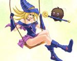  bare_shoulders black_magician_girl blonde choker dark_magician_girl detached_sleeves kuriboh swing wand witch_hat yugioh 