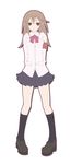  armband blue_eyes brown_hair collared_shirt dress_shirt long_hair long_sleeves miniskirt original pleated_skirt ribbon school_uniform shirt shoes skirt socks solo standing tawara_hiryuu white_shirt 