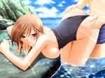  bent_over brown_hair heterochromia in_water kneeling mizugi oppai sex short_hair sideboob sky sukumizu swimsuit_aside 