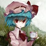  :o ascot blood blue_hair blush chair cup face fang gond hage hat looking_at_viewer open_mouth pinky_out red_eyes remilia_scarlet short_hair short_sleeves sitting solo touhou tsurime upper_body 