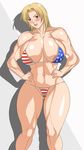  abs adductors america areolae bikini blonde blue_eyes blush breasts clavicle dead_or_alive double_h huge_breasts micro_bikini mizugi muscle muscular_arms muscular_shoulders muscular_thighs neck_muscles oppai pecs tina_armstrong 