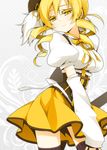  belt blonde_hair buckle colored_eyelashes colorized detached_sleeves drill_hair eyelashes highres mahou_shoujo_madoka_magica reina_(black_spider) solo thighhighs tomoe_mami yellow_eyes 
