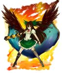  alternate_weapon arm_cannon bow brown_hair cape cheungchz green_bow hair_bow long_hair mismatched_footwear red_eyes reiuji_utsuho solo third_eye touhou weapon wings 