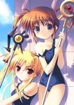  bardiche blonde_hair fate_testarossa kouzuki_hajime lyrical_nanoha magazine_(weapon) mahou_shoujo_lyrical_nanoha mahou_shoujo_lyrical_nanoha_a's multiple_girls one-piece_swimsuit purple_eyes raising_heart red_hair school_swimsuit swimsuit swimsuit_pull takamachi_nanoha twintails 