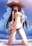  absurdres amamiya_yuuko ass_visible_through_thighs barefoot beach bikini bikini_in_mouth black_hair blush breast_suppress breasts clothes_down cloud day ef flower full_body hat hat_flower hibiscus highres jacket kneeling lens_flare long_hair looking_at_viewer medium_breasts mouth_hold nanao_naru navel nipples ocean official_art open_clothes open_shirt outdoors red_eyes sand scan shirt side-tie_bikini sky smile solo straw_hat sun_hat swimsuit topless undressing untying water 
