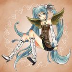  aqua_eyes aqua_hair bare_shoulders boots choker detached_sleeves hatsune_miku jewelry knee_boots long_hair md5_mismatch mechanical_wings necklace puzzle157xxx sitting skirt smile solo steampunk twintails very_long_hair vocaloid wings 