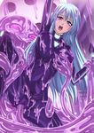  anal arms_up blue_hair blush bodysuit bouncing_breasts breast_grab breasts censored clothed_sex double_penetration erect_nipples grabbing kuro_shichi large_breasts leg_lift long_hair monster open_mouth purple_eyes saliva sex skin_tight slime tentacle through_clothes vaginal 