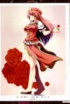  absurdres alternate_color blue_eyes braid china_dress chinese_clothes dress flower highres hong_meiling long_hair red_flower red_hair red_rose rose scan solo touhou twin_braids uruu_gekka 