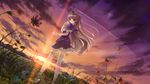  bangs blush brown_hair dutch_angle flower from_behind ground_vehicle highres long_hair looking_at_viewer looking_back original outdoors purple_eyes short_sleeves skirt solo sunset thighhighs toshi_(www000wj) train white_legwear wind 