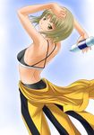  arched_back back blonde_hair bodysuit bottle bruce_lee's_jumpsuit from_behind highres huang_baoling jumpsuit kouun short_hair solo sports_bra tiger_&amp;_bunny water_bottle yellow_bodysuit yellow_eyes 