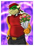  bowser collar facial_hair flower goatee horn horns koopa looking_at_viewer male mario_bros nintendo piercing scalie solo spikes unknown_artist video_games wristband 