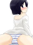  1boy ass black_hair blush bulge hair_ornament hairclip kazami_ruku looking_back lying male male_focus off_shoulder open_mouth panties purple_eyes short_hair simple_background solo steins;gate striped striped_panties trap underwear urushibara_luka urushibara_ruka 