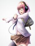  backpack bad_id bad_pixiv_id bag bracelet brown_eyes cowboy_shot glasses headphones jewelry kotobuki_ryou navel necktie open_mouth original pink_hair school_uniform short_hair skirt solo stretch thighhighs zettai_ryouiki 