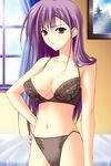  bra breasts brown_bra brown_panties highres large_breasts lingerie long_hair ne~pon?_x_rai_pon! panties purple_eyes purple_hair reishi_(ne~pon?_x_rai_pon!) solo suzuhira_hiro underwear underwear_only window 